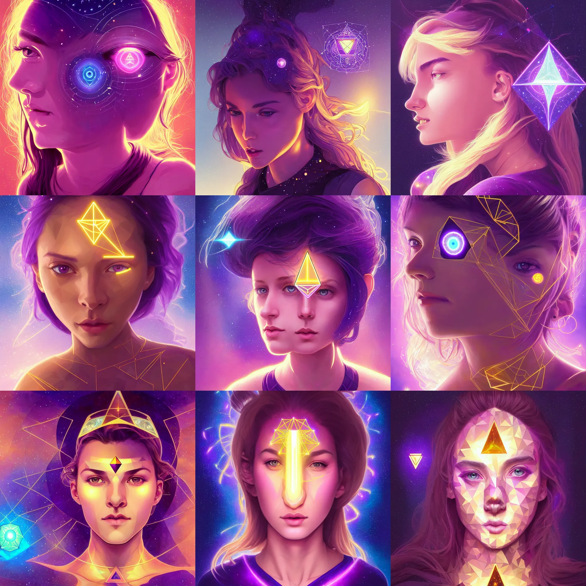 Prompt: centered head and shoulders portrait of a girl with glowing purple third eye chakra and golden hair, geometric third eye triangle, sci - fi face, glowing geometric mandal background, breathtaking stars, elegant, highly detailed, digital painting, artstation, concept art, smooth, sharp focus, illustration, art by artgerm and greg rutkowski and alphonse mucha, psychedelic