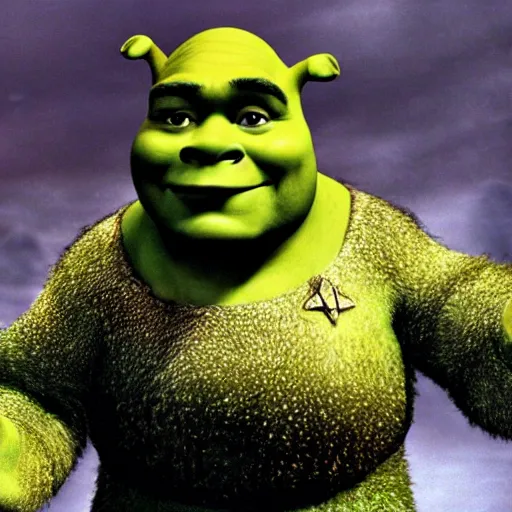 Prompt: shrek in the movie star trek : first contact ( 1 9 9 6 )