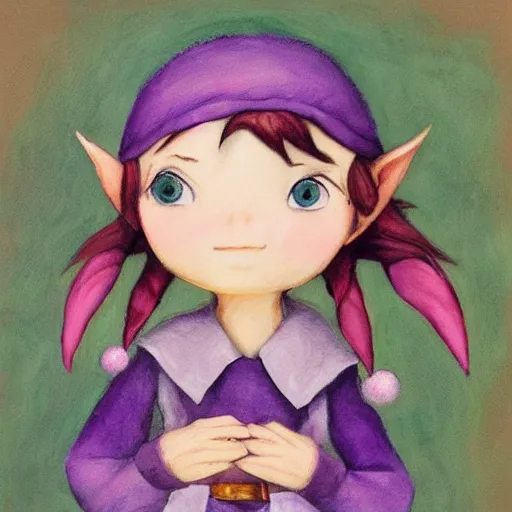 Image similar to little elf tomboy, purple tunic, soft hair. light color palate, detailed soft painting, made in abyss art style, anatomically correct, inspired in balthus