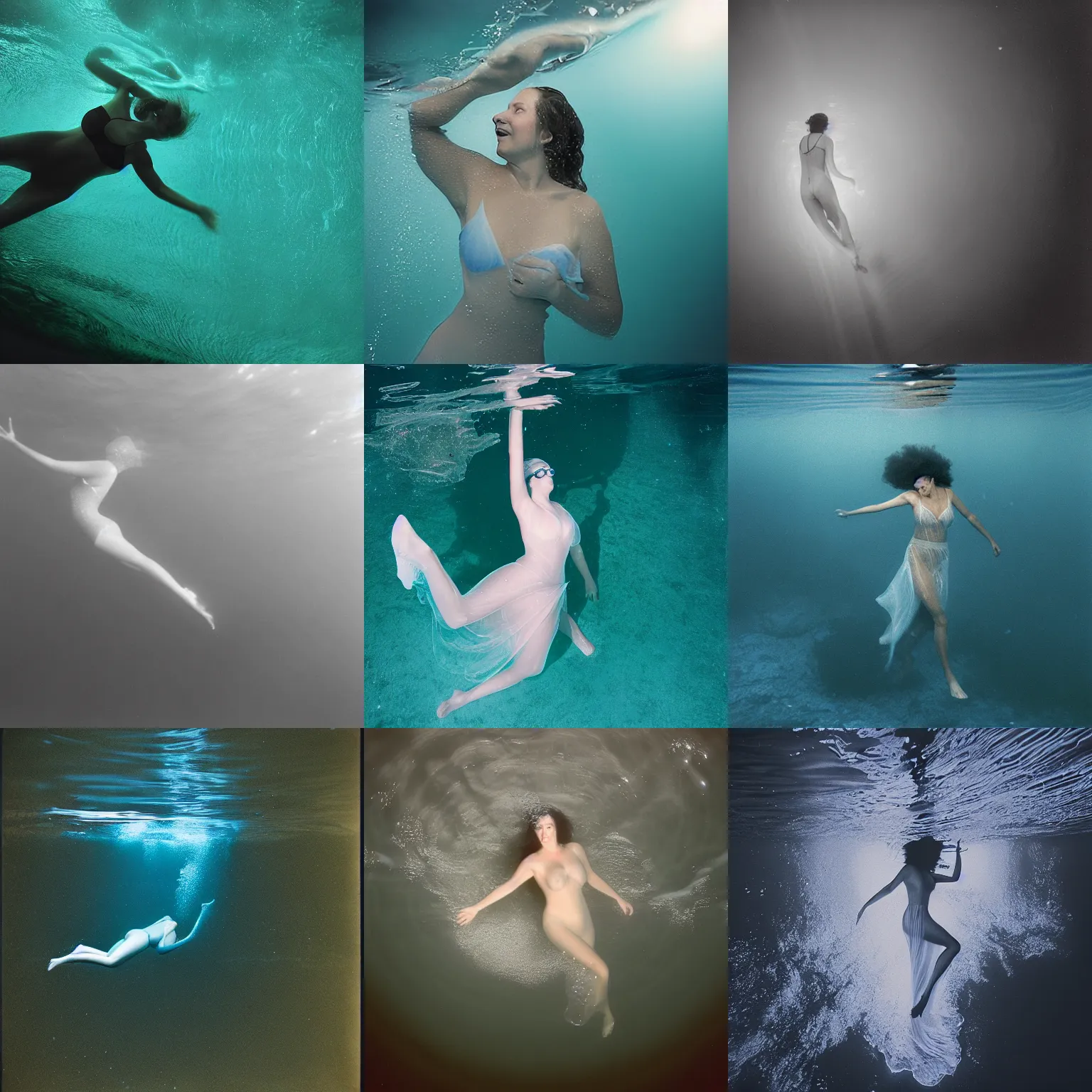 Prompt: A Medium format still image of a woman swimming towards the surface in a flowing gown at night. She is swimming with moon jelly fish, medium format photograph, single-point source lighting from above.