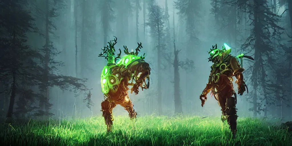 Image similar to gamekeeper hunting for mystical forest monster and wearing a steampunk and neonpunk mechanical fluorescent mystical animal mask realism in style of fornite game. bio luminescent, plasma, ice, water, wind, creature, artwork by tooth wu and wlop and beeple and greg rutkowski, epic cinematic shot, perfectly defined features, ambient occlusion