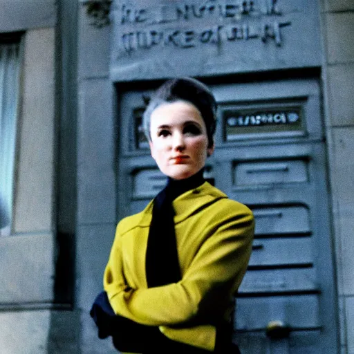 Image similar to street photography portrait of a woman in a suit in the streets of new york, 1 9 6 0 s, photo taken with ektachrome, featured on flickr, photographed on damaged film