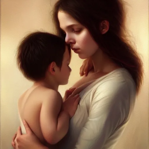 Image similar to pure love is patient love is kind, mother and child ; photorealistic oil painting by charlie bowater and mark brooks ; highly detailed cute faces by wlop ; trending on artstation