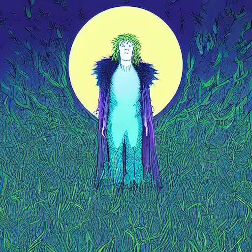 Prompt: a digital painting of Lord Morpheus from Sandman standing in a field of lights and dreams by Charles Vess and Mike Dringenberg