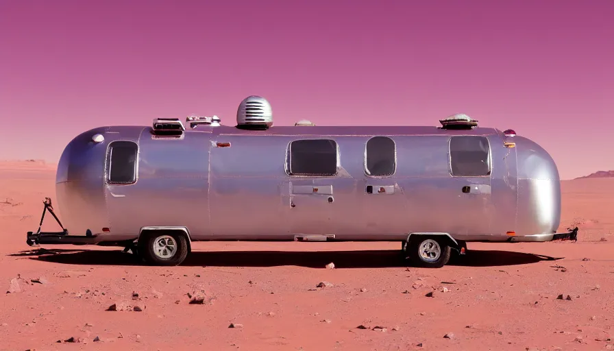 Prompt: professional photograph of hot pink Airstream Trailer with furry rabbit ears designed by Buckminster Fuller in a picturesque desert on Mars. The trailer is floating, and has no wheels. Astronauts are standing nearby, racking focus, depth of field, extreme panoramic, Dynamic Range, HDR, chromatic aberration, Orton effect intricate, elegant, highly detailed, artstation