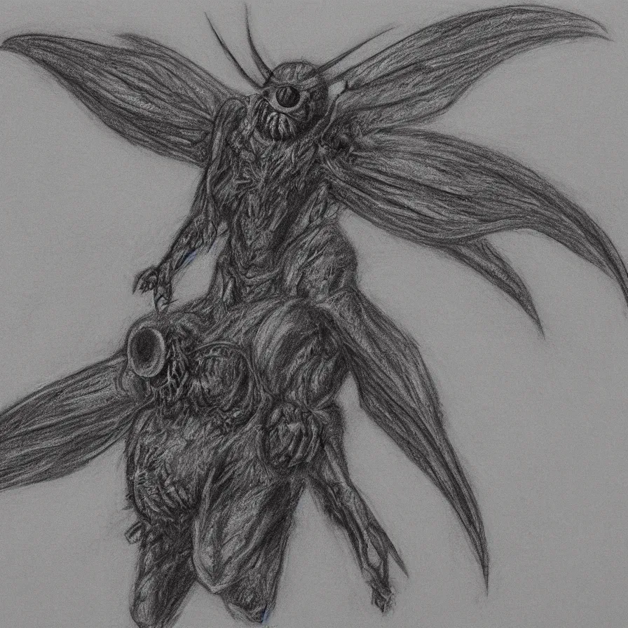 Image similar to A detailed charcoal sketch of Mothman facing forward, 8k, highly detailed