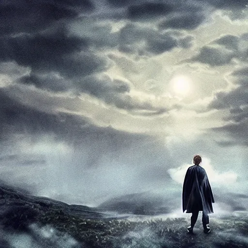 Image similar to Harry potter standing and casting a wand, back view, thunderclouds, cinematic shot, wide shot, epic scale, waving robe movement, photorealistic detail and quality, intricate ground stone, magical sigils, floating particle effects, movie still, nighttime, crescent moon, sharp and clear, action shot, intense scene, visually coherent, symmetry, rule of thirds, movement, photorealistic colors, cool colors transitioning to warm colors, award winning, directed by Steven Spielberg, Christopher Nolan, Tooth Wu, Asher Duran, Greg Rutkowski