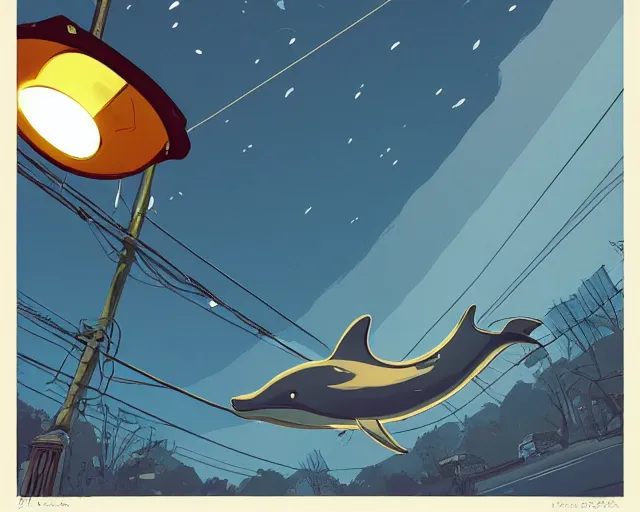 Prompt: a study of cell shaded cartoon of a flying dolphin on a country road, street lamps, road, illustration, wide shot, subtle colors, post grunge, concept art by josan gonzales and wlop, by james jean, Victo ngai, David Rubín, Mike Mignola, Laurie Greasley, highly detailed, sharp focus, alien, Trending on Artstation, HQ, deviantart, art by artgem