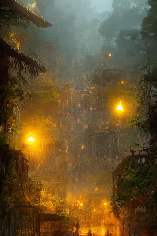 Prompt: old aztec city of gold in the middle of the forest, intricate, elegant, volumetric lighting, digital painting, highly detailed, artstation, sharp focus, illustration, concept art, ruan jia, steve mccurry