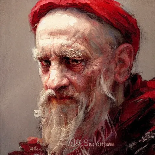 Image similar to Solomon Joseph Solomon and Richard Schmid and Jeremy Lipking victorian genre painting portrait painting of a old rugged dragon character in fantasy costume, red background