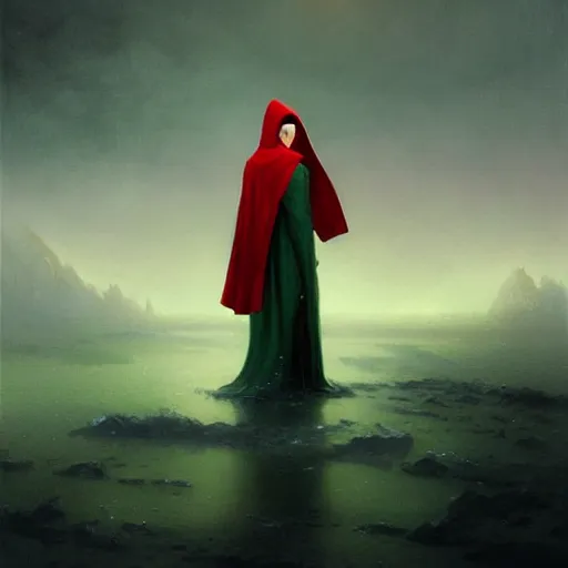 Image similar to ''cinematic shot'' red hooded mage ( spectre ) with bells ringing simetrical 8 k atmosferic realistic, wearing a green cape, holding a bell, made by ivan aivazovsky, peter mohrbacher, greg rutkowski volumetric light effect broad light oil painting painting fantasy art style sci - fi art style realism premium prints available artwork unreal engine