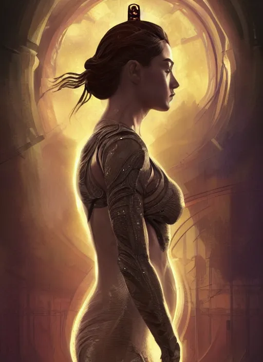 Image similar to altered carbon, Maya Ali as a sorceress, side view, tarot card, sweat drops, fibonacci, fractals, insane, prismatic, intricate, highly detailed, digital painting, artstation, concept art, smooth, sharp focus, illustration, Unreal Engine 5, 8K, art by artgerm and greg rutkowski and alphonse mucha