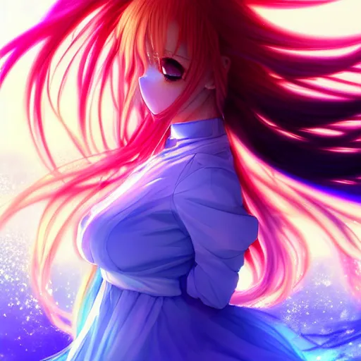 Image similar to advanced digital anime art, a very cute gorgeous teenage girl with a body made of fire and ice , full body, very long snow colored hair, sky blue highlights in hair, red fiery watery eyes, wearing a dress made of water, full round face, dramatic cinematic lighting, wideshot, highly intricately detailed, glitched background, cracked screen, trending on pixiv, Artstation, painted by Rossdraws and the style of Sakimimichan