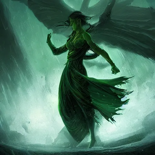 Image similar to green nature humanoid tornado character, epic fantasy style, in the style of Greg Rutkowski, mythology artwork