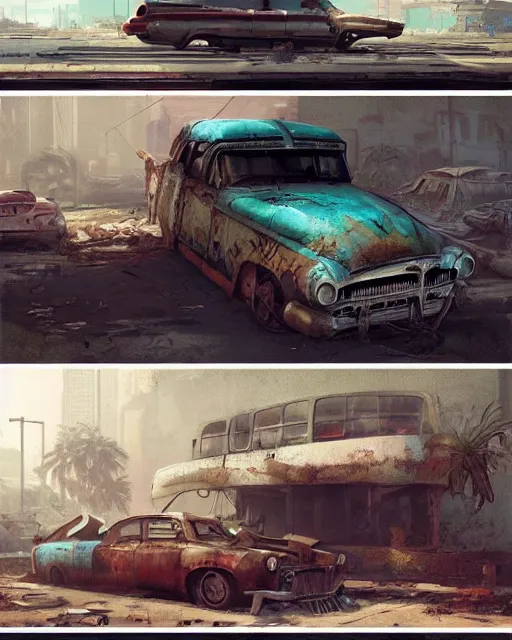 Image similar to fallout 5, tropical coastal city, desolate, dilapidated, abandoned retro futuristic vintage car and truck, buses, illustration, perfectly shaded, oft painting, art by krenz cushart and wenjun lin