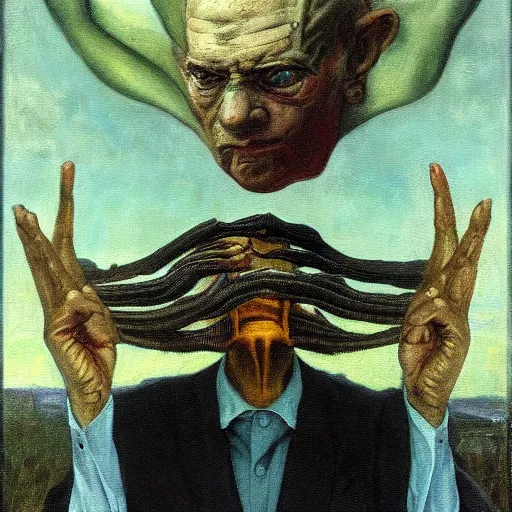 Image similar to a symbolist painting of a powerful alien president in the style of Jacek Malczewski, corrupt power