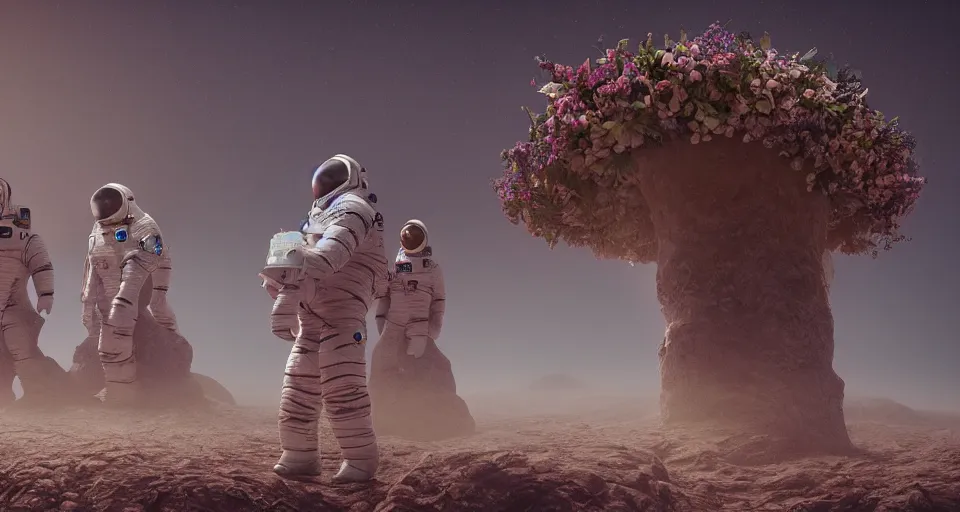 Prompt: a photo of humanoid aliens with floral heads wearing robes towering over an astronaut in a foggy desert, octane render, cg society,