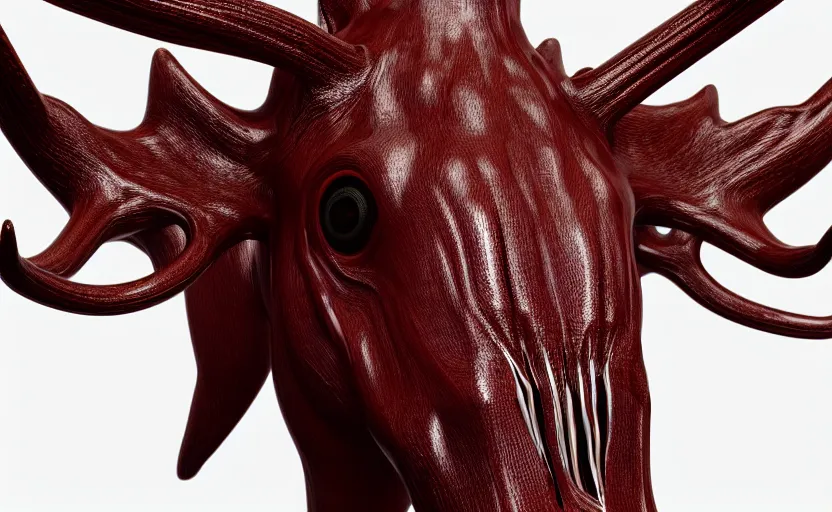 Image similar to stylized shiny polished silver statue bizarre cosmic horror quadruped animal moose deer skull four legs made of slug creature tendrils, perfect symmetrical body, perfect symmetrical face, hyper realistic, hyper detailed, by johannen voss, by michelangelo, octane render, blender, 8 k, displayed in pure white studio room anatomical deep red arteries veins spaghetti flesh