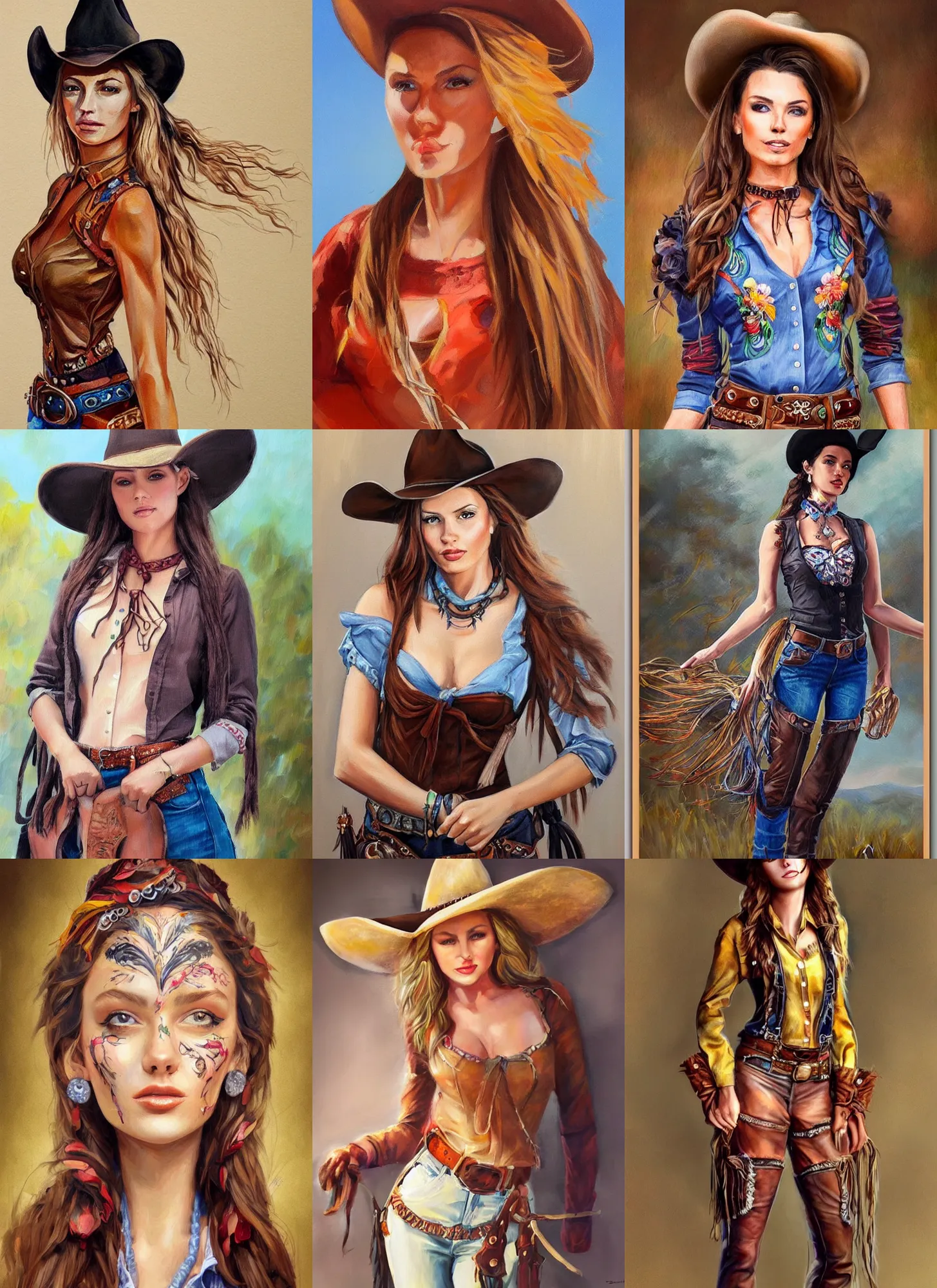 Prompt: beautiful full body concept art, beautiful oil paint illustration of a beautiful cowgirl with beautiful face wearing detailed clothing