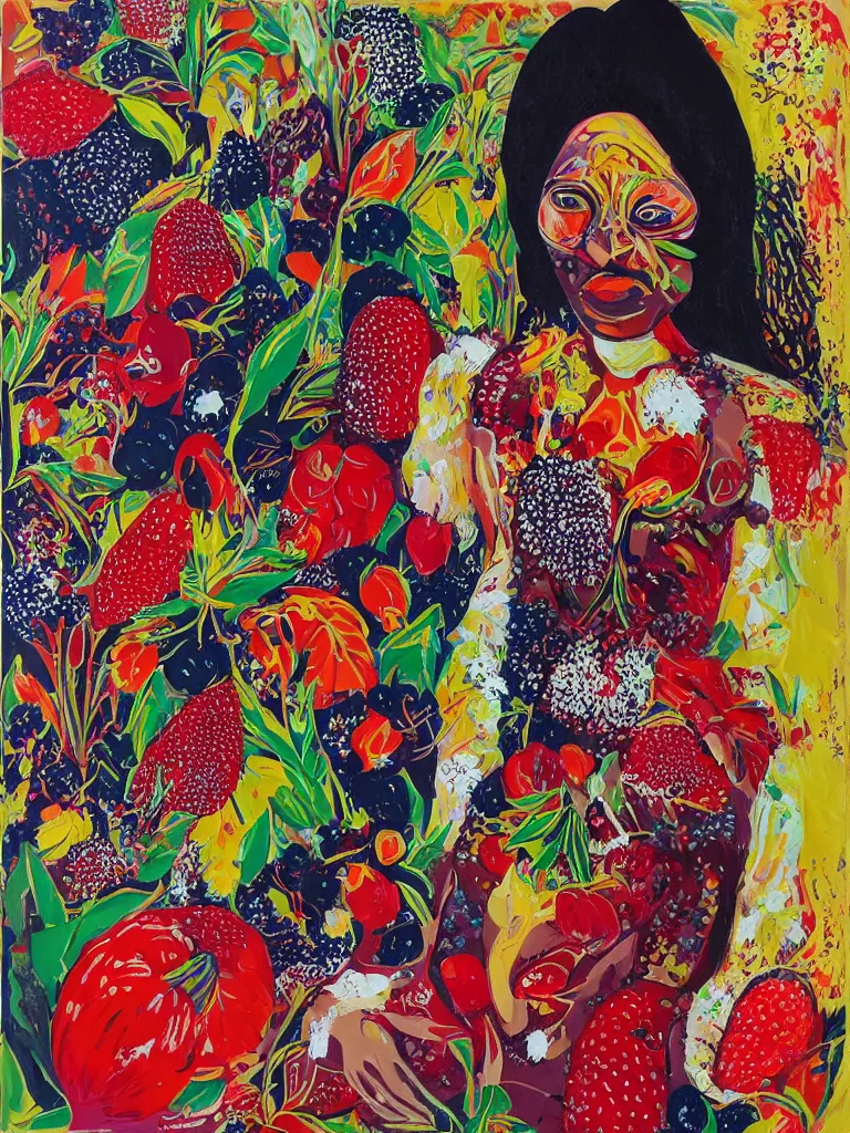 Image similar to “art in an Australian artist’s apartment, portrait of a woman wearing white cotton cloth, eating luscious fresh raspberries and strawberries and blueberries, edible flowers, black background, aboriginal Dreamtime, Eora, Gadigal, intricate, bold colour, acrylic and spray paint and wax and oilstick on canvas”