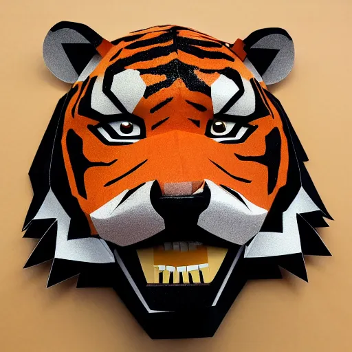 Prompt: a papercraft tiger mask, today\'s featured costume design 4k