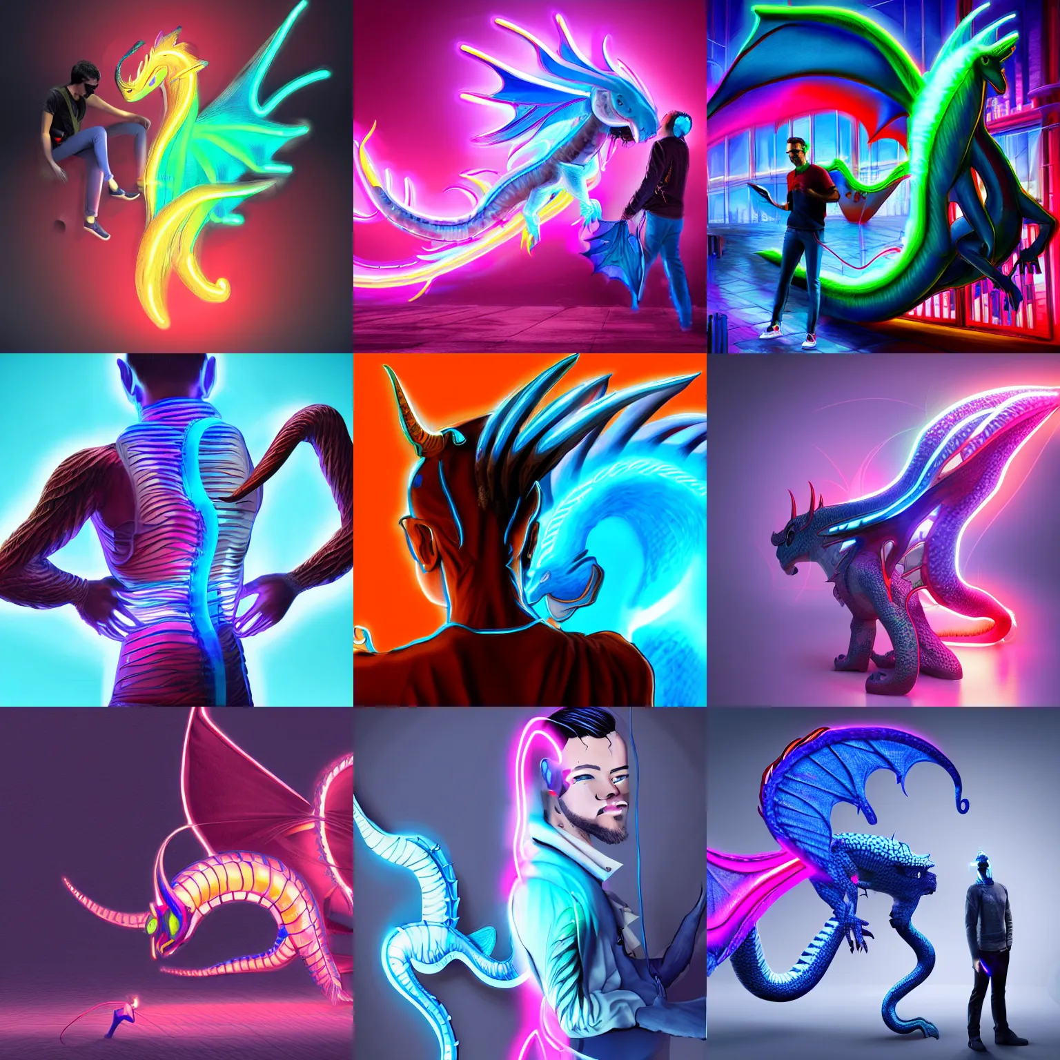 Prompt: man with a dragonair - tail attached to his spine, futuristic, electrical, neon, high tech, digital art, 4 k hd, very detailed