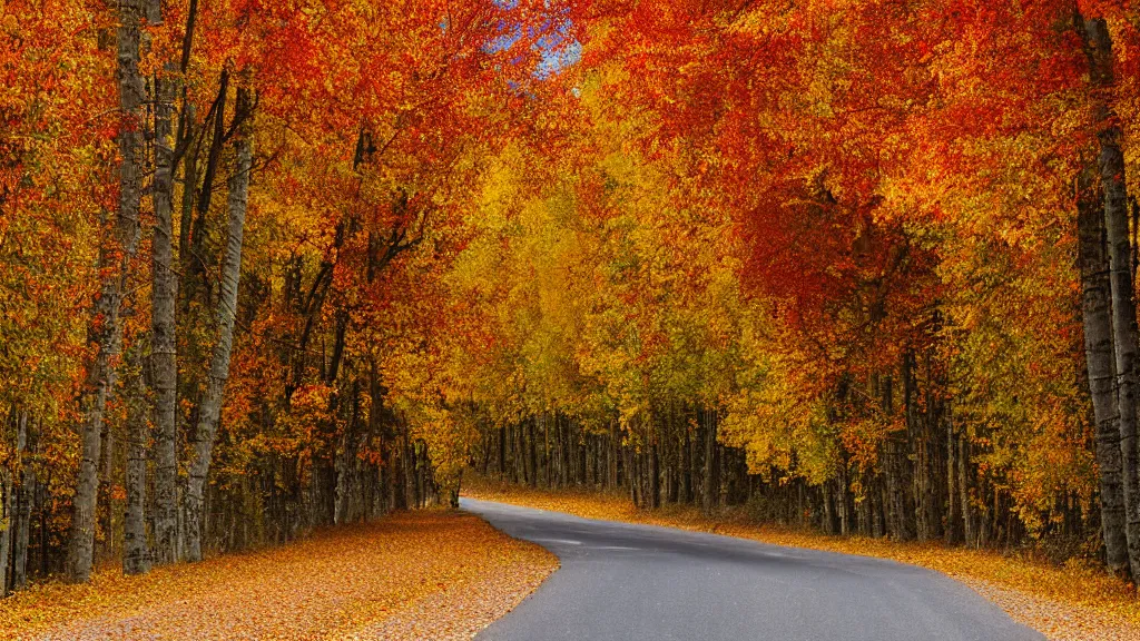 Prompt: a photograph of a country road lined on both sides by! maple and poplar trees, in the autumn, red orange and yellow leaves, some leaves have fallen and are under the trees and on the road