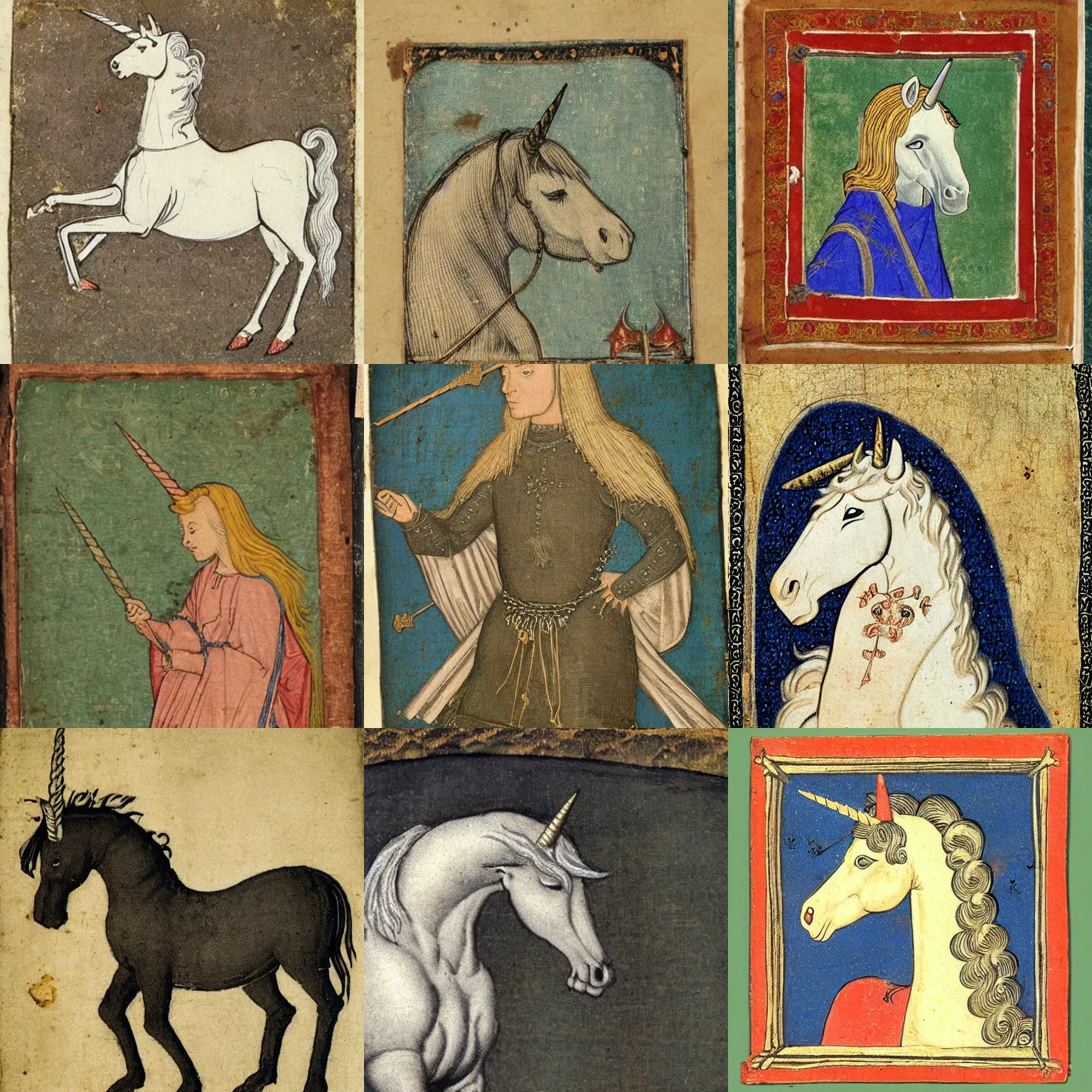 Prompt: unicorn portrait as a medieval gravure