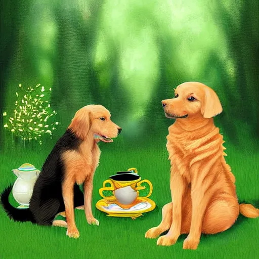 Image similar to digital art painting, golden retriever and a black kitty having a tea party in the forest