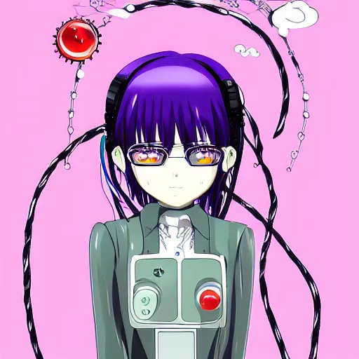 Prompt: cyber school girl, anime by junji ito and hayao miyazaki, vibrant color, robot anime schoolgirl, robotic cyborg anime girl, exposed wiring and gears, kawaii chibi