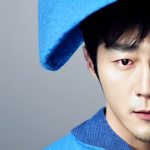 Prompt: a close up photographic portrait of a handsome korean actor wearing wet weather gear looking worried taken by annie leibowitz. cinematic lighting, blue background colour, 5 0 mm, subsurface scatter.