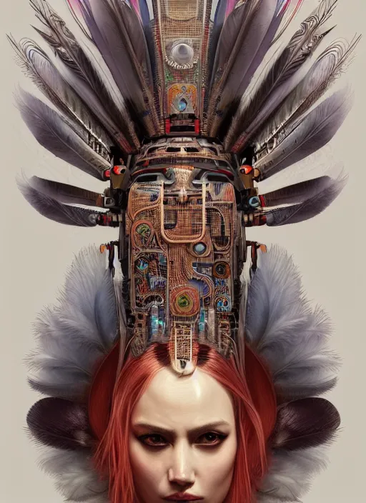 Image similar to portrait of a cyberpunk machine, machine face, upper half portrait, decorated with feathers, native american, fine china, traditional chinese art, intricate, elegant, highly detailed, headpiece, digital painting, artstation, concept art, smooth, sharp focus, illustration, art by artgerm and greg rutkowski and alphonse mucha, 8 k