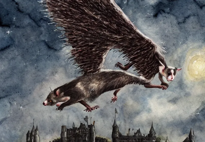 Image similar to legendary winged possum flying over a medieval castle under a dark starred sky, dark fantasy, watercolor, dreaming illusion, highly detailed, 4k, trending on Artstation, award-winning