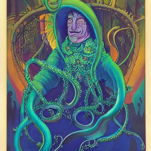 Image similar to bioluminescent tentacle king, by annie swynnerton and leo and diane dillon and adolf wolfli and ( diego rivera ), elaborate costume, flowers, iridescent beetles, rich color, dramatic cinematic lighting, smooth, sharp focus, extremely detailed