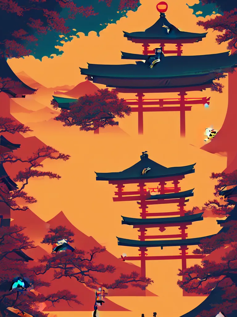 Image similar to a travel to japan poster illustration depicting a japanese torii gate, vintage style, detailed illustration, digital painting, vector art, trending on artstration, by anton fadeev, by alena aenami