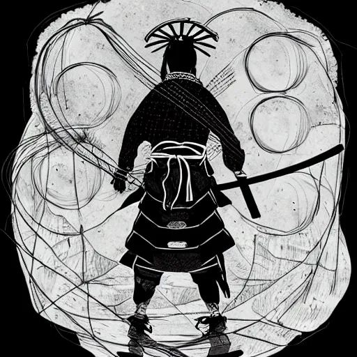 Image similar to A PORTRAIT FROM BEHIND OF A SAMURAI MAN VAGABOND WITH A MOON BEHIND HIM ,THE SAMURAI IS WRAPPED IN CHAINS ,detailed, concept art, ink style , sketch