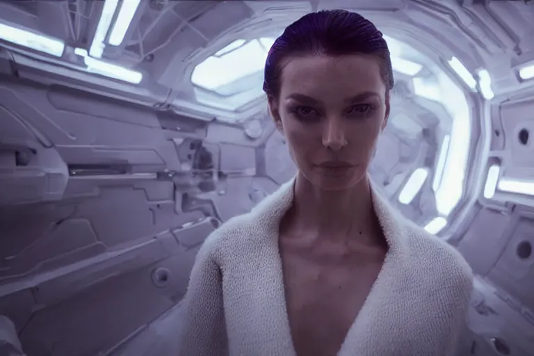 Image similar to VFX movie of a futuristic space woman model gorgeous portrait in inhuman future spaceship, cyberpunk dress, beautiful natural skin natural lighting by Emmanuel Lubezki