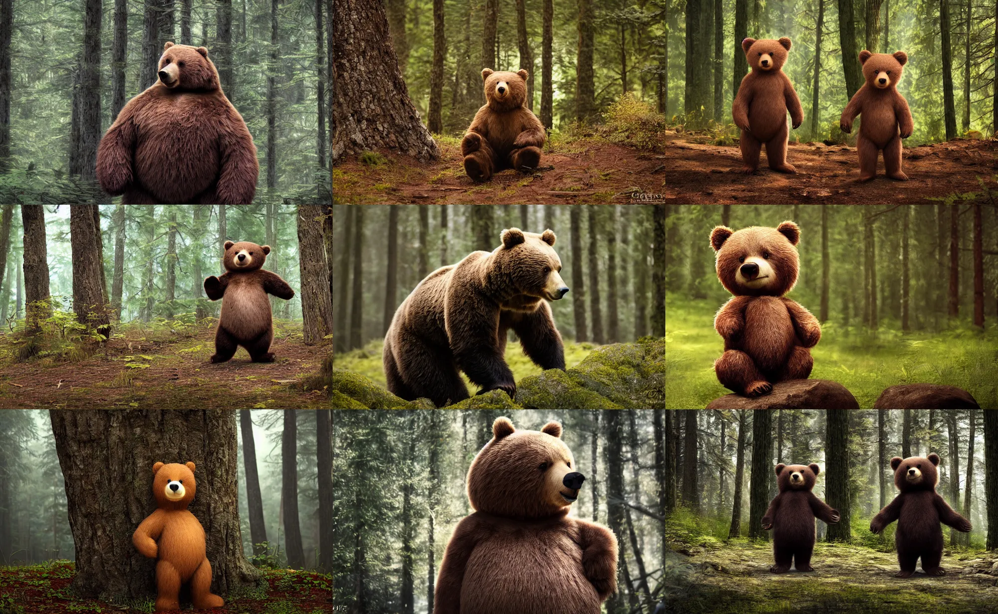 Prompt: cinematic shot of a cute anthropomorphic bear standin in the forest by greg rutowski, 4 k, masterpiece