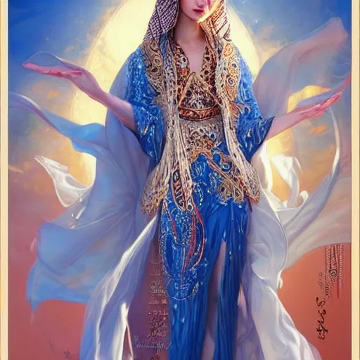 Image similar to a beautiful arabian woman wearing a white kaftan by karol bak, ayami kojima, artgerm, arabian beauty, blue eyes, smile, concept art, fantasy