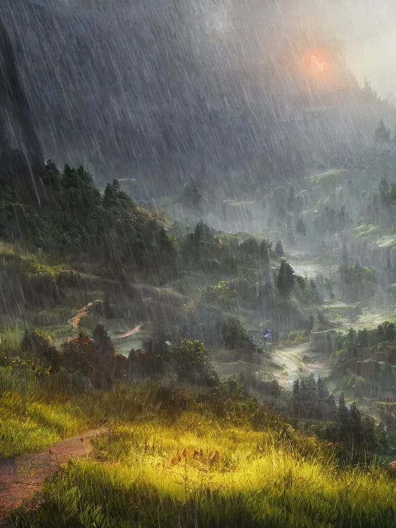 Image similar to photo of 8k ultra realistic beautiful valley, small town, hills, pylons, heavy rain, full of colour, cinematic lighting, battered, trending on artstation, 4k, hyperrealistic, focused, extreme details,unreal engine 5, cinematic, masterpiece, art by studio ghibli