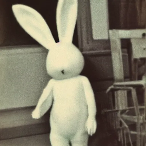 Prompt: Haunted terrifying humanoid rabbit captured on grainy polaroid