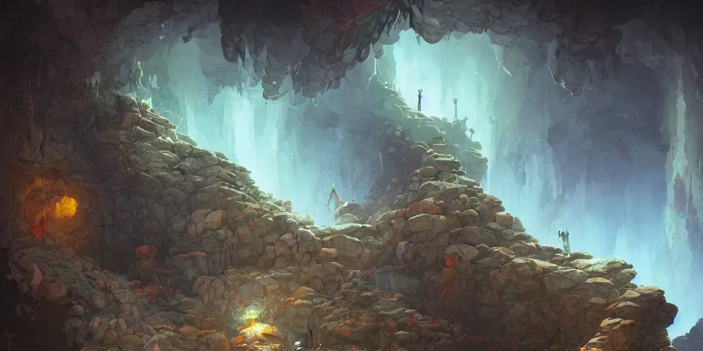 Prompt: painting of rocky wall in a dark cave with rocky ground, comics, illustration by peter mohrbacher vivid colors