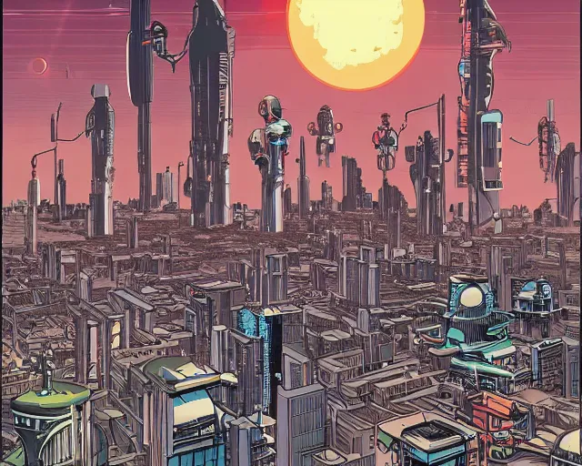 Image similar to gigantic solar robots towering over a small city by laurie greasley kelly freas
