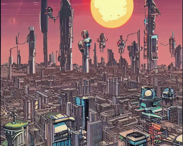 Prompt: gigantic solar robots towering over a small city by laurie greasley kelly freas