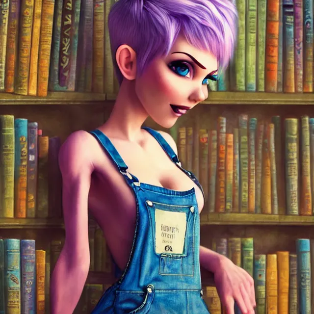 Image similar to full body pose, beautiful adult fairy, pixar, short white hair shaved sides, dirty, grungy, grunge, long sleeve, painted overalls, stacks of giant books, highly detailed, 4 k, hdr, smooth, sharp focus, high resolution, award - winning photo, artgerm, photorealistic