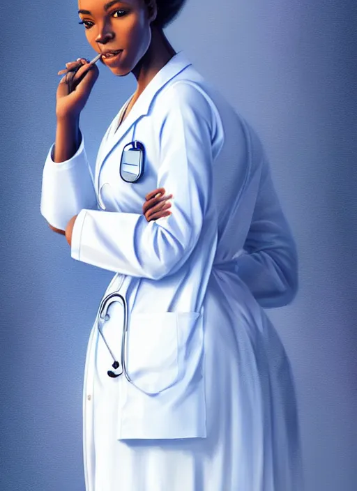 Image similar to full body portrait of young black woman with as a doctor, blue scrubs and white coat, intricate, beautiful and elegant, highly detailed, digital painting, artstation, concept art, smooth, sharp focus, illustration, art by wlop, mars ravelo and greg rutkowski