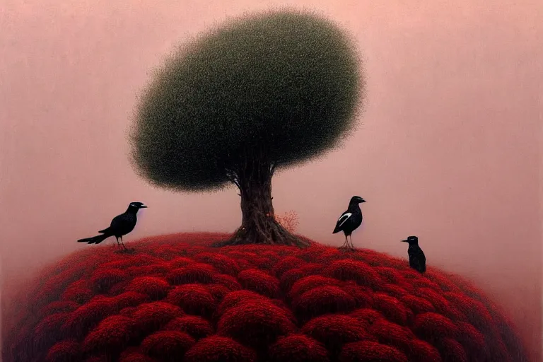 Image similar to a magpie family hosting their magpie relatives on top of a pine tree, in the style of rafał olbinski, in the style of beksinski, in the style of gediminas pranckevicius, intricate and epic composition, red by caravaggio, insanely quality, highly detailed, masterpiece, purple light, artstation, 4 k