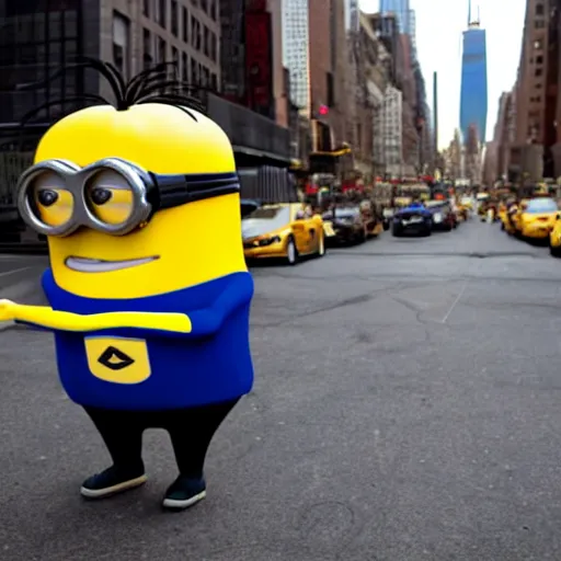 Image similar to 4 k photo of a giant minion walking in new york city, tourists are running in fear