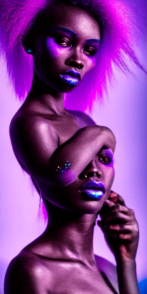 Prompt: hyperrealistic intricate close-up of beautiful african woman with purple hair and pearlescent blue skin james paick machiej kuciara dramatic neon lighting on one side 35mm shallow depth of field