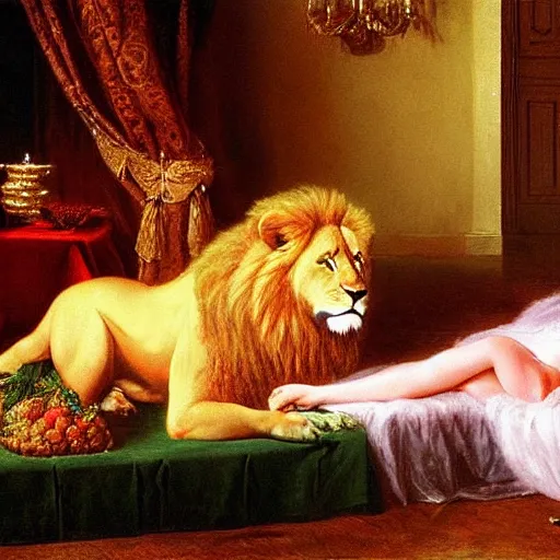 Image similar to Putin dines on tiny pineapples, a lion lady lies on the floor, high definition. digital art, 4k, by Delphin Enjolras